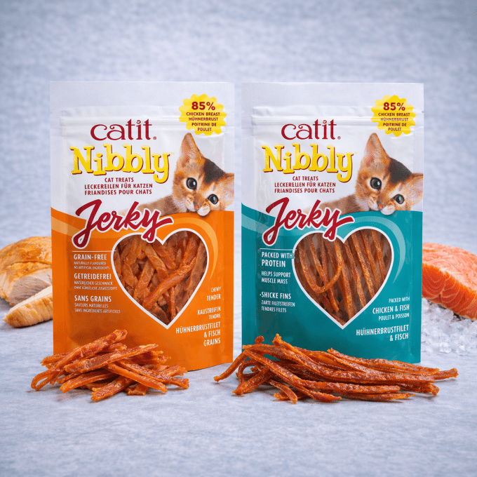 Friandises Catit Nibbly Jerky – Poulet ou Poulet Poisson